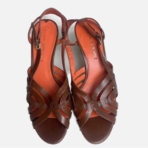 Via Spiga Woven Strappy kitten Heels Size 7 y2k brown Leather Caged Sandals